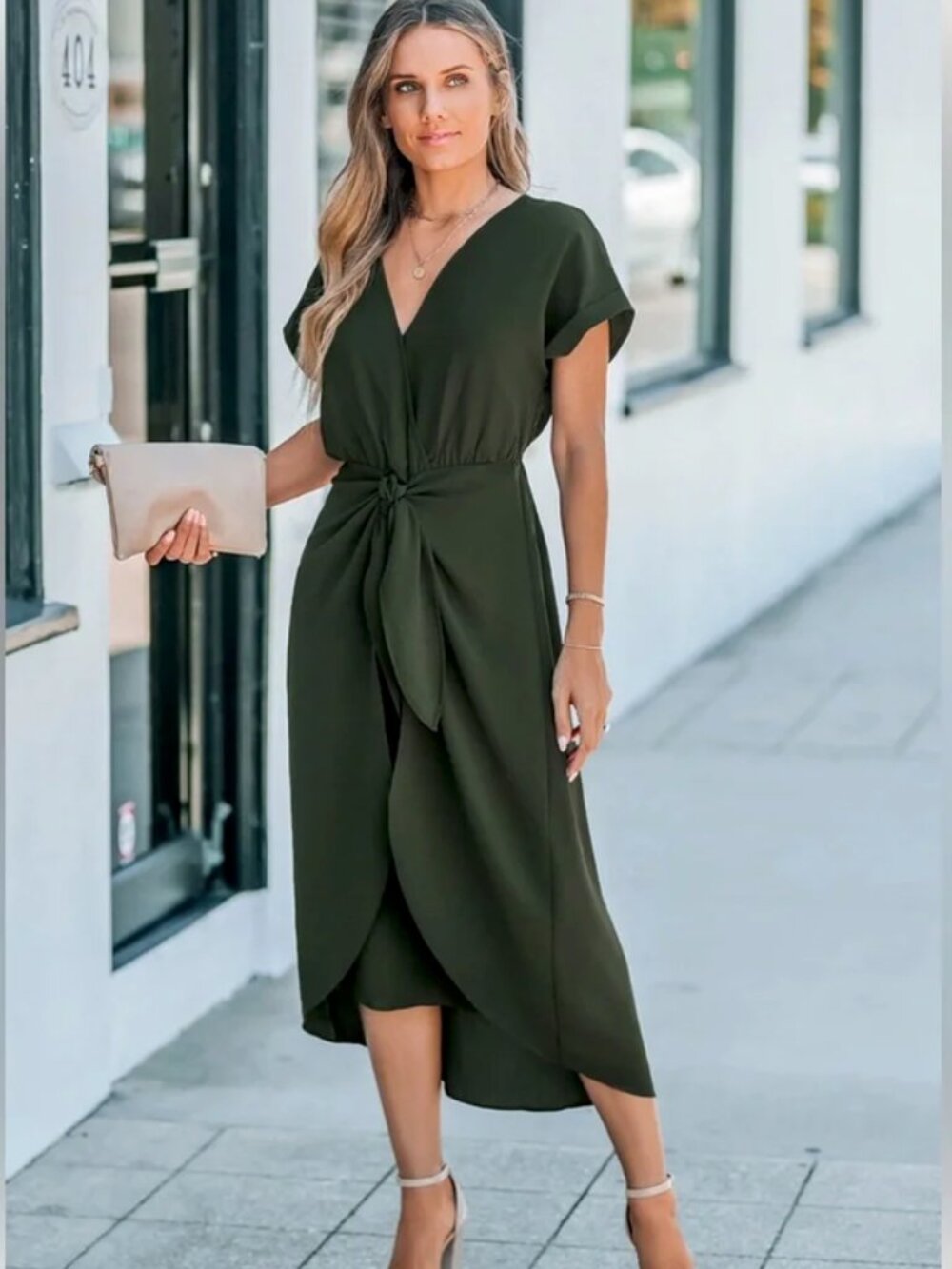 Cupshe Olive Green V-Neck Tie-Front Midi Dress